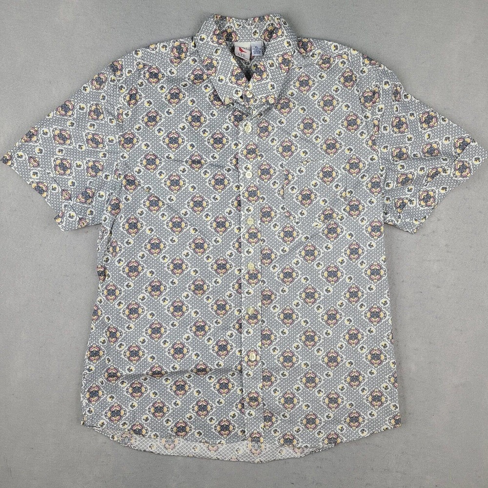 Ken LTD Shirt Men's XL White Blue Geometric Button Down Short‎ Sleeve